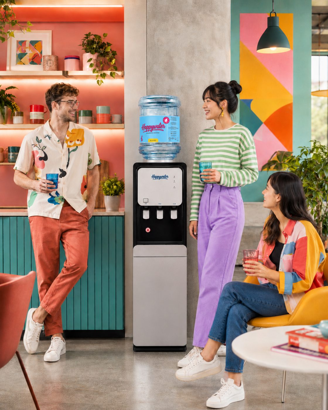 Friends sharing Happywater around the office dispenser