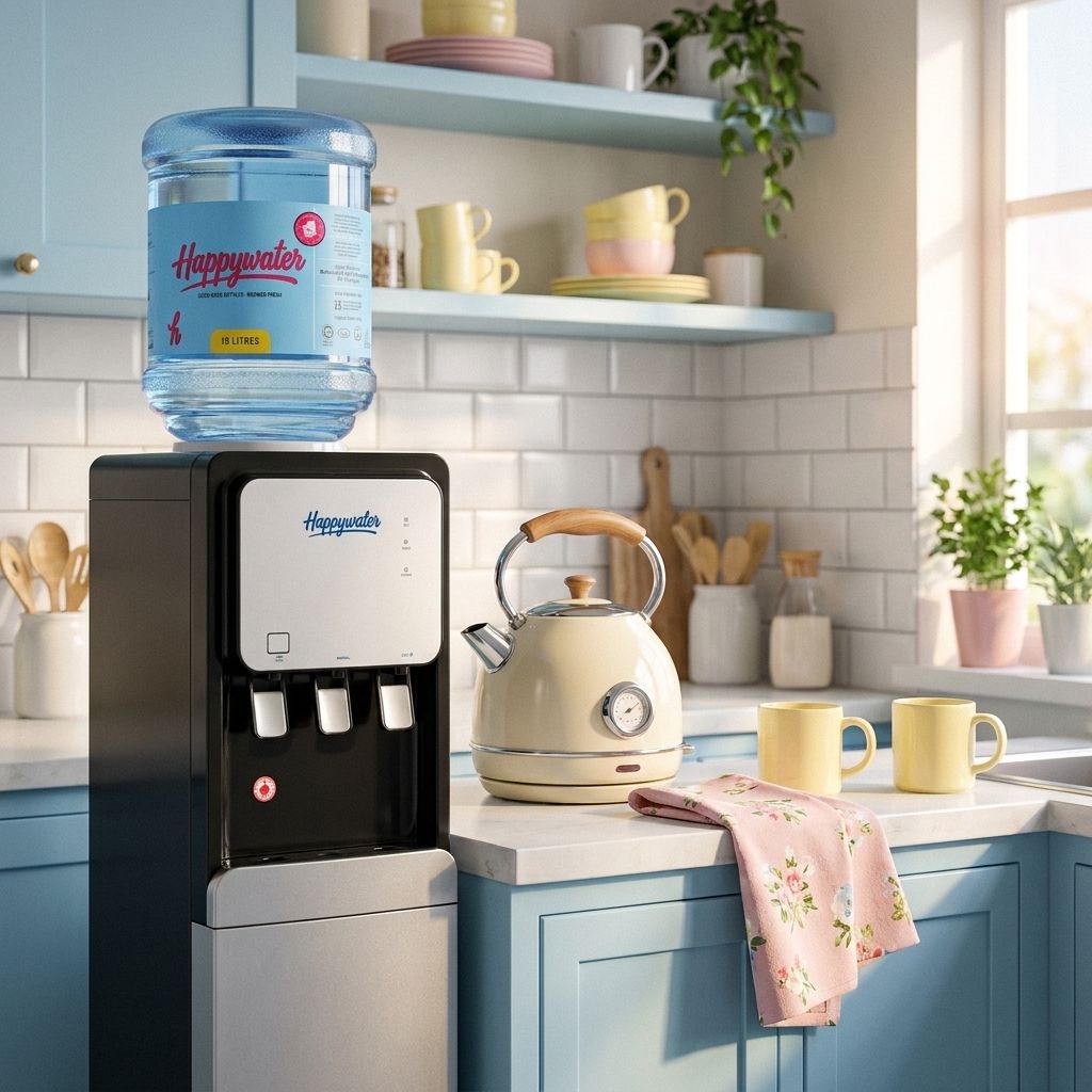 Happywater dispenser beside a retro kettle